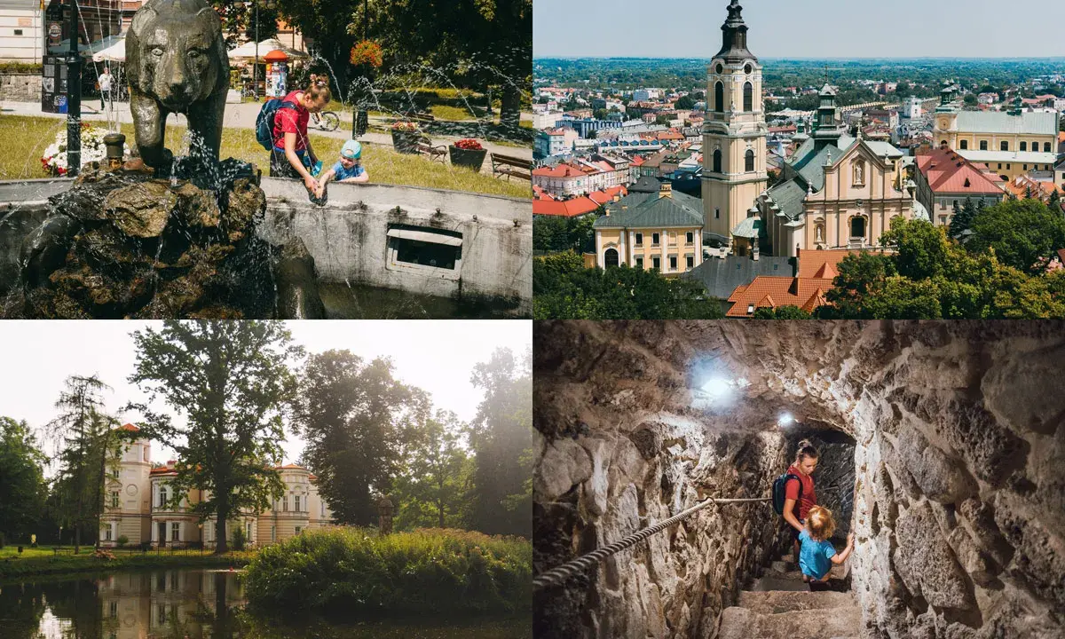 Rodzina odkrywa atrakcje: fontanna z niedźwiedziem, panorama miasta, pałac nad jeziorem i podziemne korytarze.
