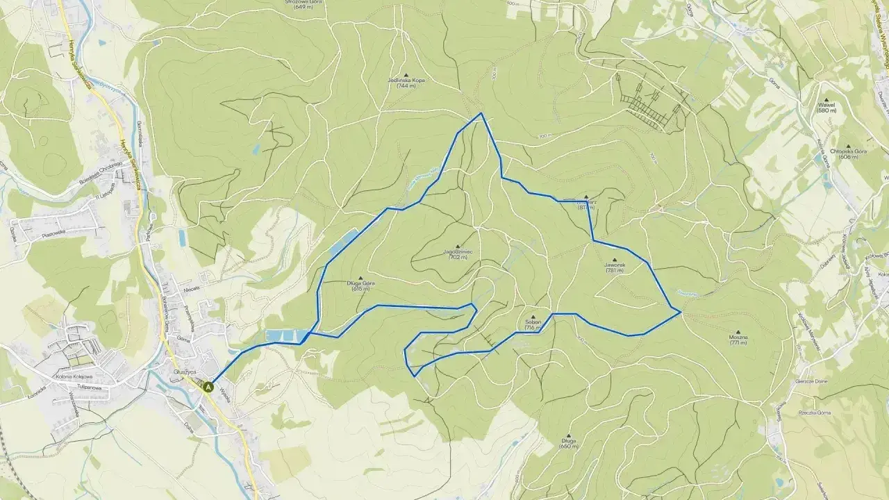 Mapa szlaków turystycznych Gór Sowich z zaznaczoną trasą.