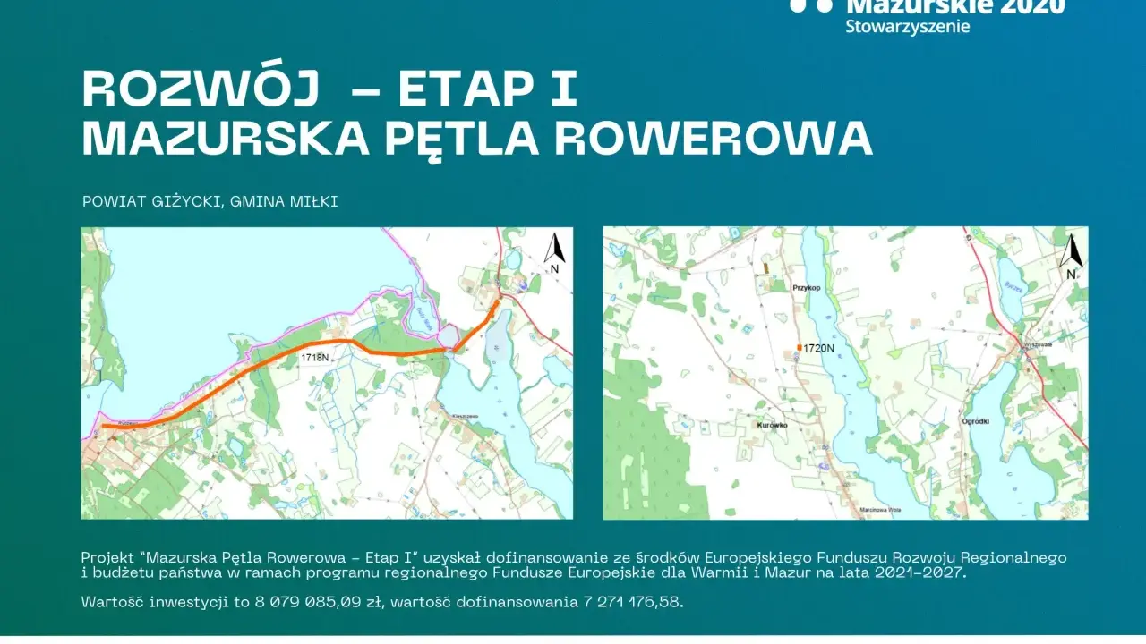 Mapy przedstawiające fragmenty Mazurskiej Pętli Rowerowej w powiecie giżyckim i gminie Miłki.