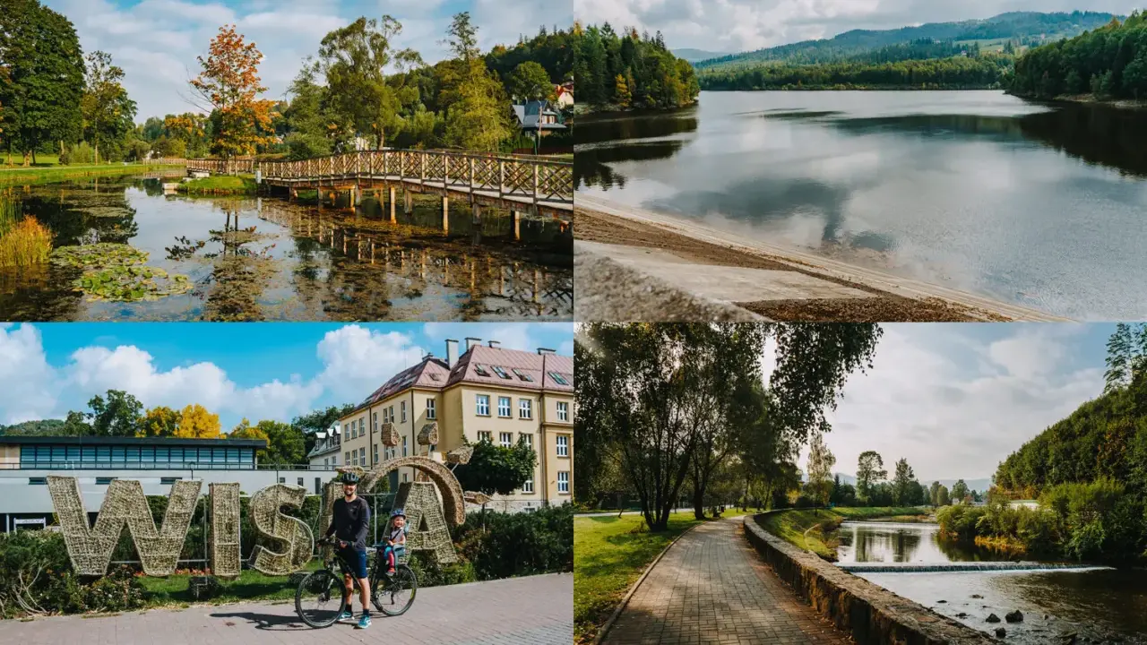 Rodzina na rowerach przy napisie WISŁA. Urokliwy deptak nad rzeką, malowniczy staw z mostkiem i jezioro w otoczeniu lasów.