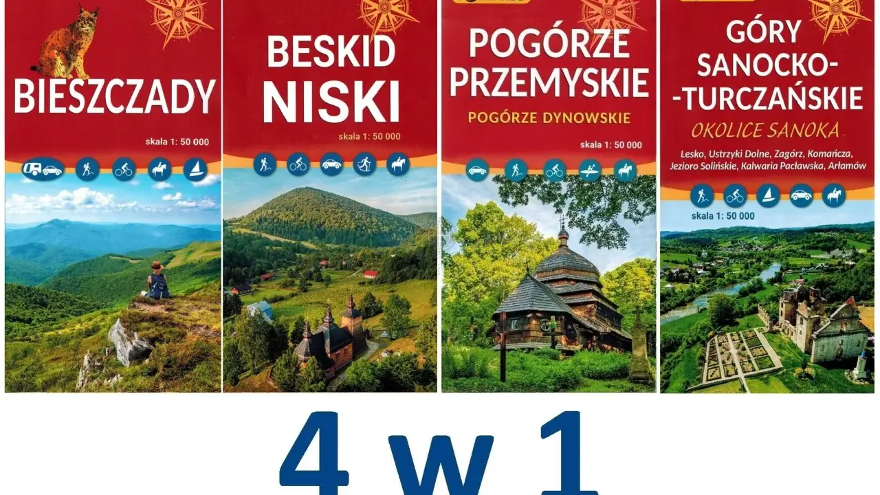 Cztery mapy turystyczne: Bieszczady, Beskid Niski, Pogórze Przemyskie, Góry Sanocko-Turczańskie. Idealne na wyprawy po malowniczych terenach **Sanoka i Bieszczadów**.