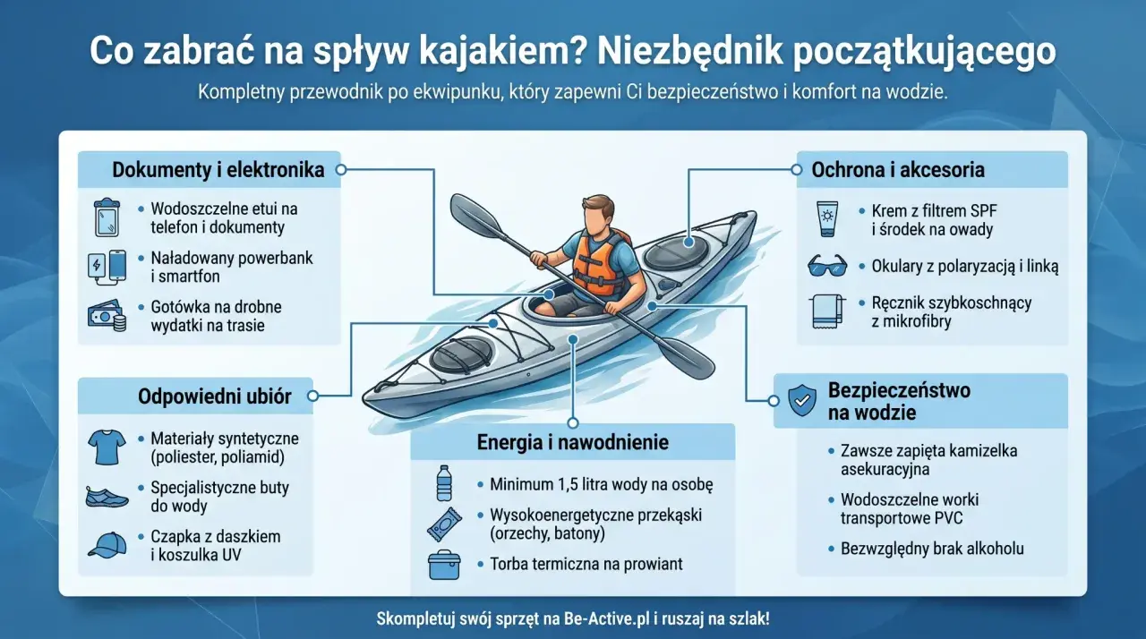 Co zabrać na kajaki? Ilustracja pokazuje, co jest potrzebne na spływ: dokumenty, odpowiedni ubiór, jedzenie, napoje, ochronę przeciwsłoneczną i bezpieczeństwo na wodzie.