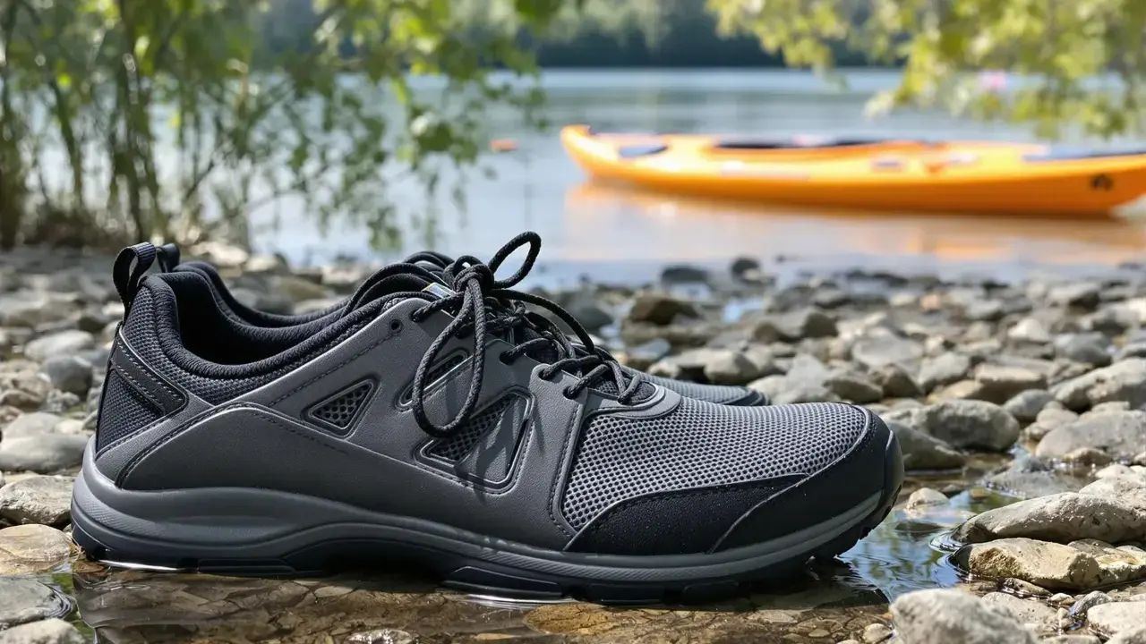 Szare buty sportowe na kamienistej plaży, idealne jako jakie buty na kajaki. W tle pomarańczowy kajak na wodzie.