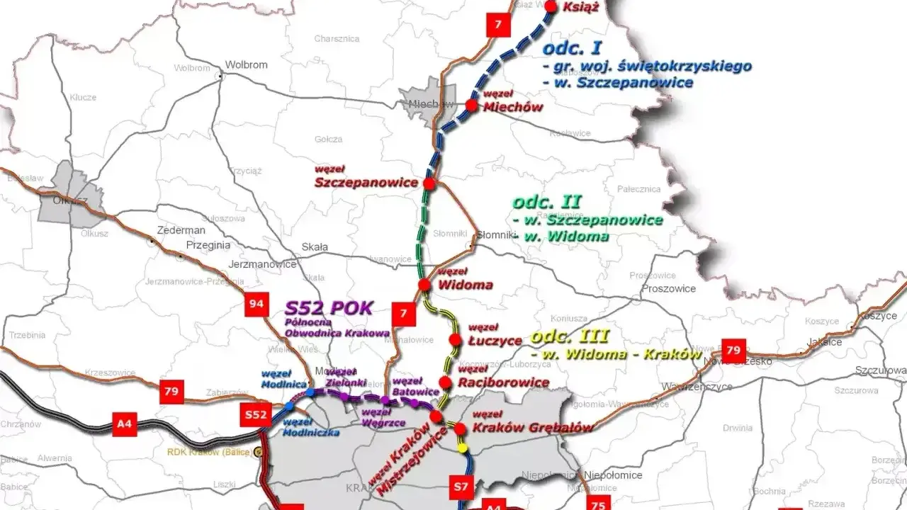Mapa drogowa z zaznaczonymi odcinkami S52 i S7, idealna na 3-dniową wycieczkę po Małopolsce i okolicach.