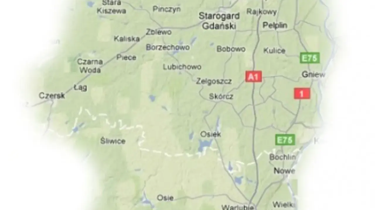 Mapa drogowa regionów Kociewie i Kaszuby, z zaznaczonymi miastami jak Starogard Gdański, Gniew i Czersk.