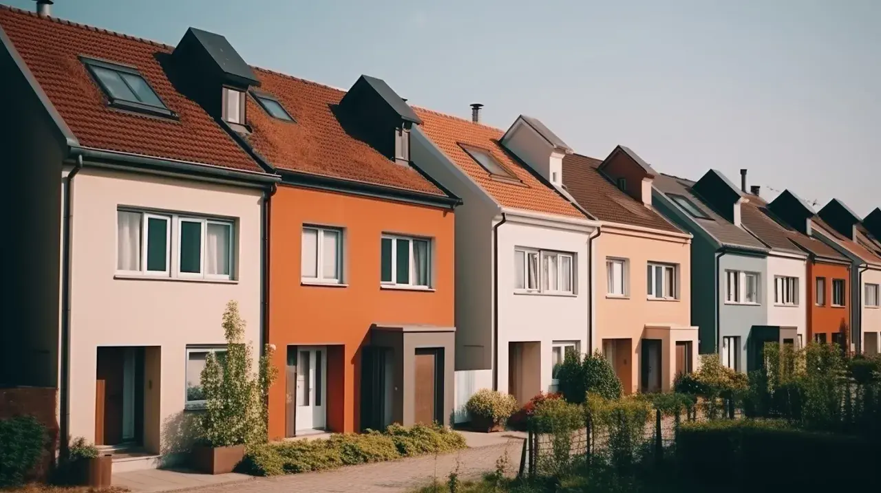 Szereg kolorowych domów z dachami pokrytymi dachówką. Ciekawe nazwy domów mogłyby pasować do tej uroczej uliczki.