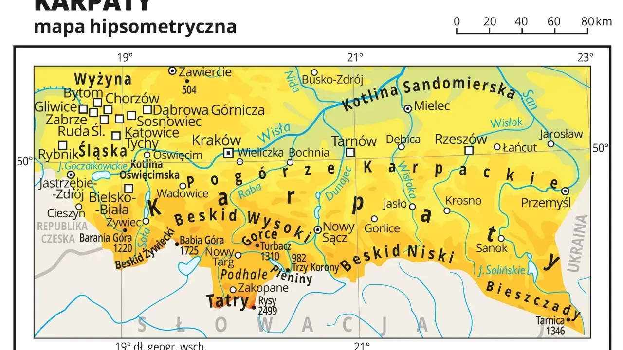 Mapa hipsometryczna Karpat w Polsce, ukazująca pasma górskie jak Tatry, Beskidy, Bieszczady, oraz miasta: Kraków, Rzeszów, Tarnów.