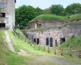 Fort Zachodni w Świnoujściu, zarośnięty trawą i otoczony zielenią, z widocznym starym budynkiem i historyczną artylerią.