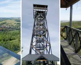 Dziewczynka na szklanej platformie podziwia widok z wieży widokowej w Pruchniku. Widać też konstrukcję wieży i las.
