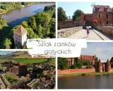 Odkryj najpiękniejsze zamki na Pomorzu. Kolaż przedstawia gotyckie twierdze, w tym zamek w Malborku, otoczone zielenią i wodą.