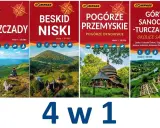 Cztery mapy turystyczne: Bieszczady, Beskid Niski, Pogórze Przemyskie, Góry Sanocko-Turczańskie. Idealne na wyprawy po malowniczych terenach **Sanoka i Bieszczadów**.