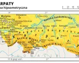 Mapa hipsometryczna Karpat, pokazująca Beskidy, gdzie leżą: między Krakowem a Słowacją, z zaznaczonymi pasmami jak Beskid Żywiecki, Wysoki i Niski.