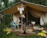 Para młoda relaksuje się w luksusowym kimura glamping namiocie. Mężczyzna siedzi na krześle, kobieta stoi przy drewnianym słupie.