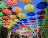 Kolorowe parasole nad ulicą tworzą magiczną atmosferę, jedną z wielu atrakcji Połczyna-Zdroju.