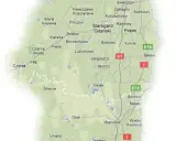 Mapa drogowa regionów Kociewie i Kaszuby, z zaznaczonymi miastami jak Starogard Gdański, Gniew i Czersk.