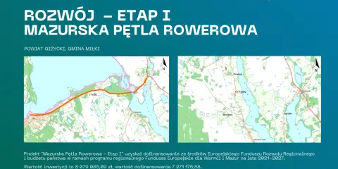 Mapy przedstawiające fragmenty Mazurskiej Pętli Rowerowej w powiecie giżyckim i gminie Miłki.