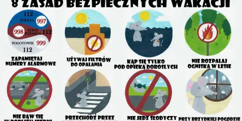 8 zasad bezpieczeństwa na wakacjach: numery alarmowe, filtry przeciwsłoneczne, opieka dorosłych, zakaz ognisk, ostrożność przy jezdni, zielone światło, nie jedz od obcych, unikaj gór przy złej pogodzie.