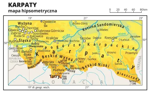 Bieszczady leżą na wschodnim krańcu Karpat, na mapie widoczne są obok Sanoka i Tarnicy.