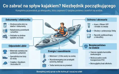 Co zabrać na kajaki? Ilustracja pokazuje, co jest potrzebne na spływ: dokumenty, odpowiedni ubiór, jedzenie, napoje, ochronę przeciwsłoneczną i bezpieczeństwo na wodzie.