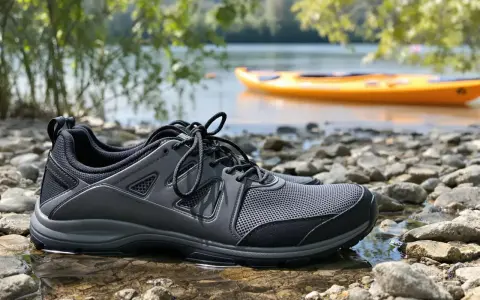 Szare buty sportowe na kamienistej plaży, idealne jako jakie buty na kajaki. W tle pomarańczowy kajak na wodzie.