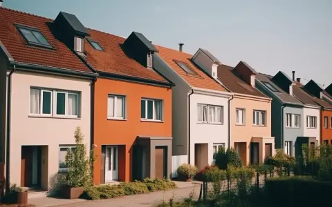 Szereg kolorowych domów z dachami pokrytymi dachówką. Ciekawe nazwy domów mogłyby pasować do tej uroczej uliczki.