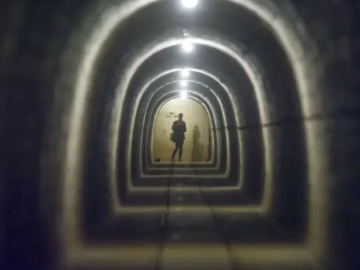 Sylwetka w tunelu Międzyrzeckiego Rejonu Umocnionego. Kolejne łuki i światła tworzą perspektywę.