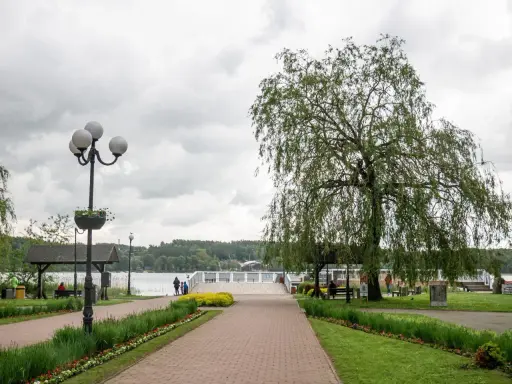 Spacer w Mrągowie nad jeziorem, z wierzbą i kwitnącymi rabatami. Idealne miejsce na relaks i podziwianie mrągowskich atrakcji.