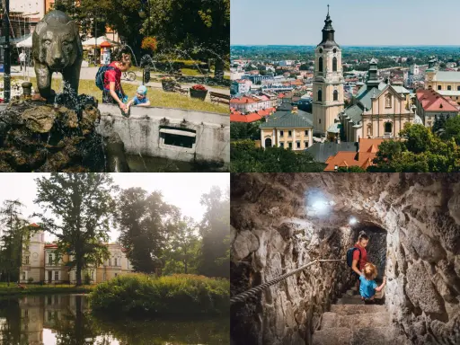 Rodzina odkrywa atrakcje: fontanna z niedźwiedziem, panorama miasta, pałac nad jeziorem i podziemne korytarze.