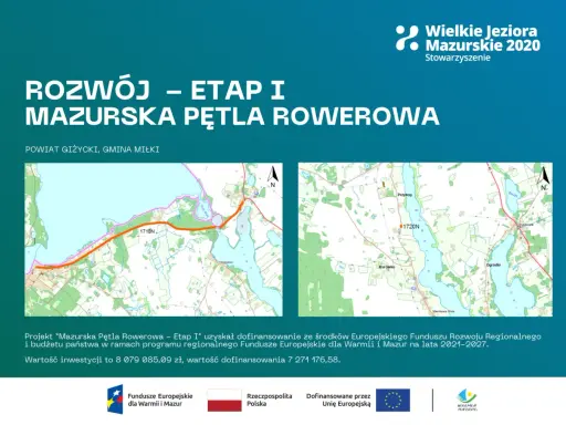 Mapy przedstawiające fragmenty Mazurskiej Pętli Rowerowej w powiecie giżyckim i gminie Miłki.