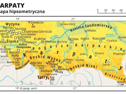 Bieszczady leżą na wschodnim krańcu Karpat, na mapie widoczne są obok Sanoka i Tarnicy.