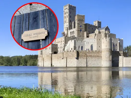 Zamek w Stobnicy, otoczony wodą, z tabliczką "zakaz wejścia". Wnętrze zamku niedostępne.