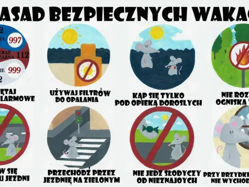8 zasad bezpieczeństwa na wakacjach: numery alarmowe, filtry przeciwsłoneczne, opieka dorosłych, zakaz ognisk, ostrożność przy jezdni, zielone światło, nie jedz od obcych, unikaj gór przy złej pogodzie.