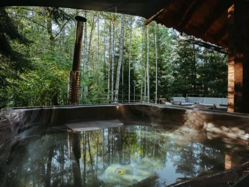 Relaks w jacuzzi w otoczeniu lasu, idealne miejsce na aloha camp.
