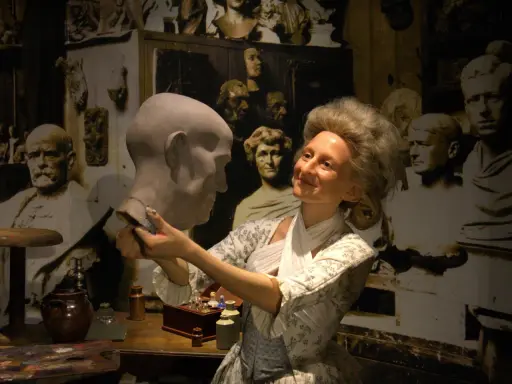 W muzeum figur woskowych artystka w historycznym stroju pracuje nad popiersiem.