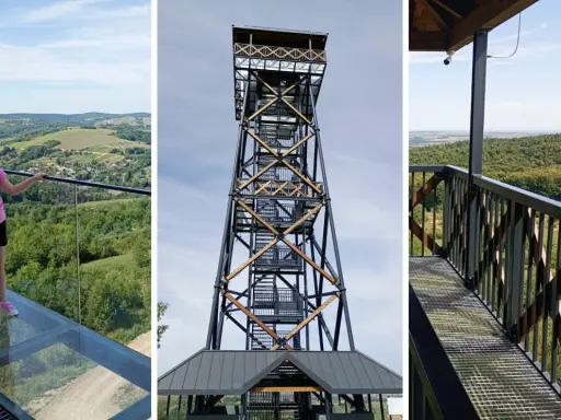 Dziewczynka na szklanej platformie podziwia widok z wieży widokowej w Pruchniku. Widać też konstrukcję wieży i las.