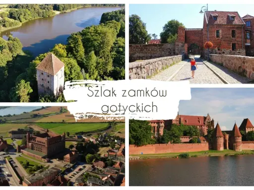 Odkryj najpiękniejsze zamki na Pomorzu. Kolaż przedstawia gotyckie twierdze, w tym zamek w Malborku, otoczone zielenią i wodą.