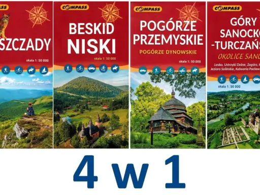 Cztery mapy turystyczne: Bieszczady, Beskid Niski, Pogórze Przemyskie, Góry Sanocko-Turczańskie. Idealne na wyprawy po malowniczych terenach **Sanoka i Bieszczadów**.