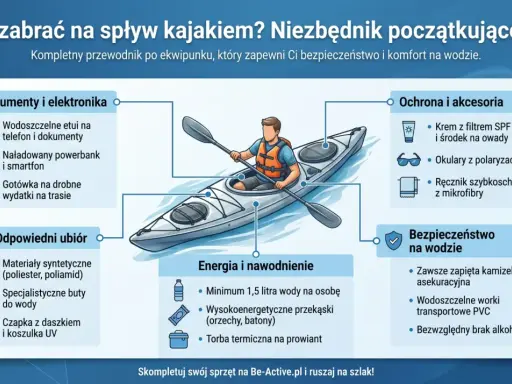 Co zabrać na kajaki? Ilustracja pokazuje, co jest potrzebne na spływ: dokumenty, odpowiedni ubiór, jedzenie, napoje, ochronę przeciwsłoneczną i bezpieczeństwo na wodzie.