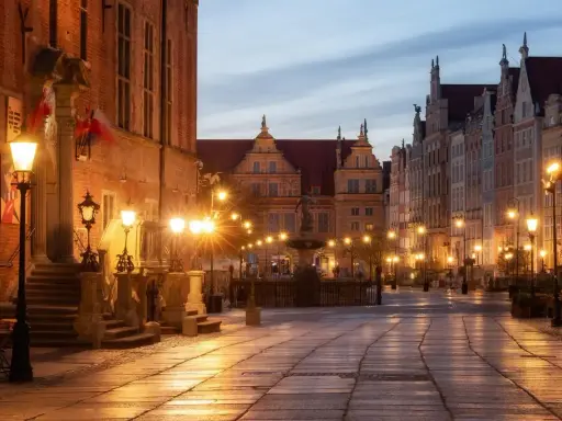 Wieczorny rynek Gdańsk oświetlony latarniami, z fontanną i zabytkowymi kamienicami.