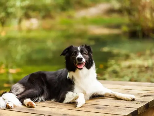 Szczęśliwy pies rasy border collie odpoczywa na drewnianym pomoście. Piękne mazury z psem to idealne miejsce na relaks.