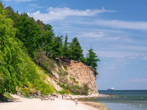 Piękny dzień nad morzem, klif porośnięty drzewami, piaszczysta plaża z spacerującymi ludźmi i statkiem na horyzoncie. Wspaniałe atrakcje nad morzem!