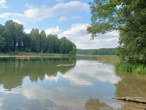 Spokojne jezioro w Mazurskim Parku Krajobrazowym. Dwie kajaki płyną po wodzie, otoczone zielenią lasów i trzcin. To idealne miejsce na relaks i podziwianie przyrody.