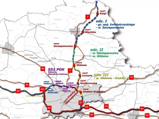 Mapa drogowa z zaznaczonymi odcinkami S52 i S7, idealna na 3-dniową wycieczkę po Małopolsce i okolicach.