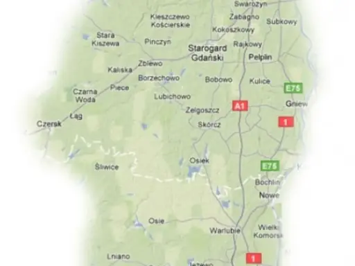 Mapa drogowa regionów Kociewie i Kaszuby, z zaznaczonymi miastami jak Starogard Gdański, Gniew i Czersk.