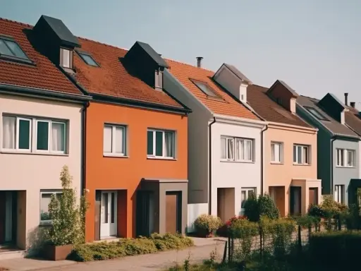 Szereg kolorowych domów z dachami pokrytymi dachówką. Ciekawe nazwy domów mogłyby pasować do tej uroczej uliczki.