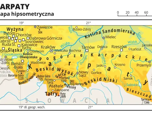 Mapa hipsometryczna Karpat w Polsce, ukazująca pasma górskie jak Tatry, Beskidy, Bieszczady, oraz miasta: Kraków, Rzeszów, Tarnów.