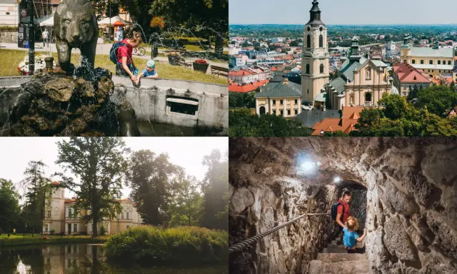 Rodzina odkrywa atrakcje: fontanna z niedźwiedziem, panorama miasta, pałac nad jeziorem i podziemne korytarze.