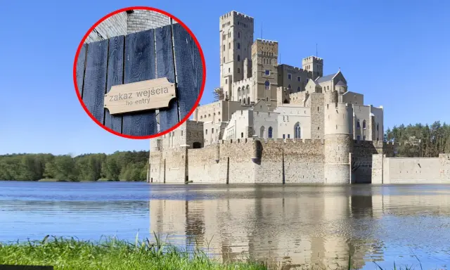 Zamek w Stobnicy, otoczony wodą, z tabliczką "zakaz wejścia". Wnętrze zamku niedostępne.
