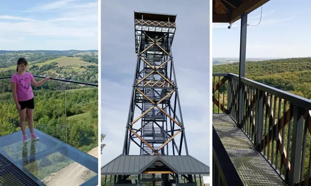 Dziewczynka na szklanej platformie podziwia widok z wieży widokowej w Pruchniku. Widać też konstrukcję wieży i las.