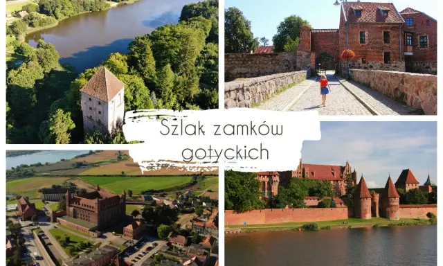 Odkryj najpiękniejsze zamki na Pomorzu. Kolaż przedstawia gotyckie twierdze, w tym zamek w Malborku, otoczone zielenią i wodą.